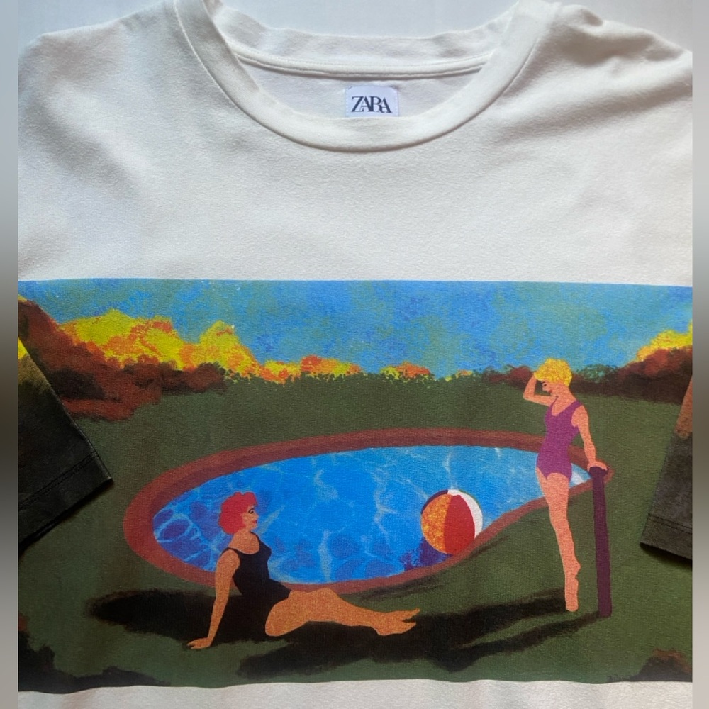 Zara White Graphic T-Shirt Dress Size M Art To Wear Vibrant Women By The Pool - Picture 2 of 9